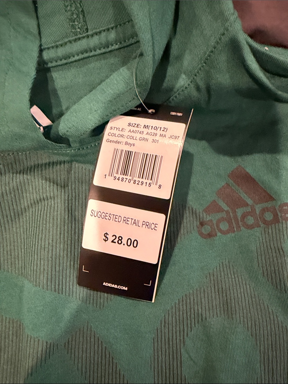 adidas nwt Boys Green hooded tshirt with Logo